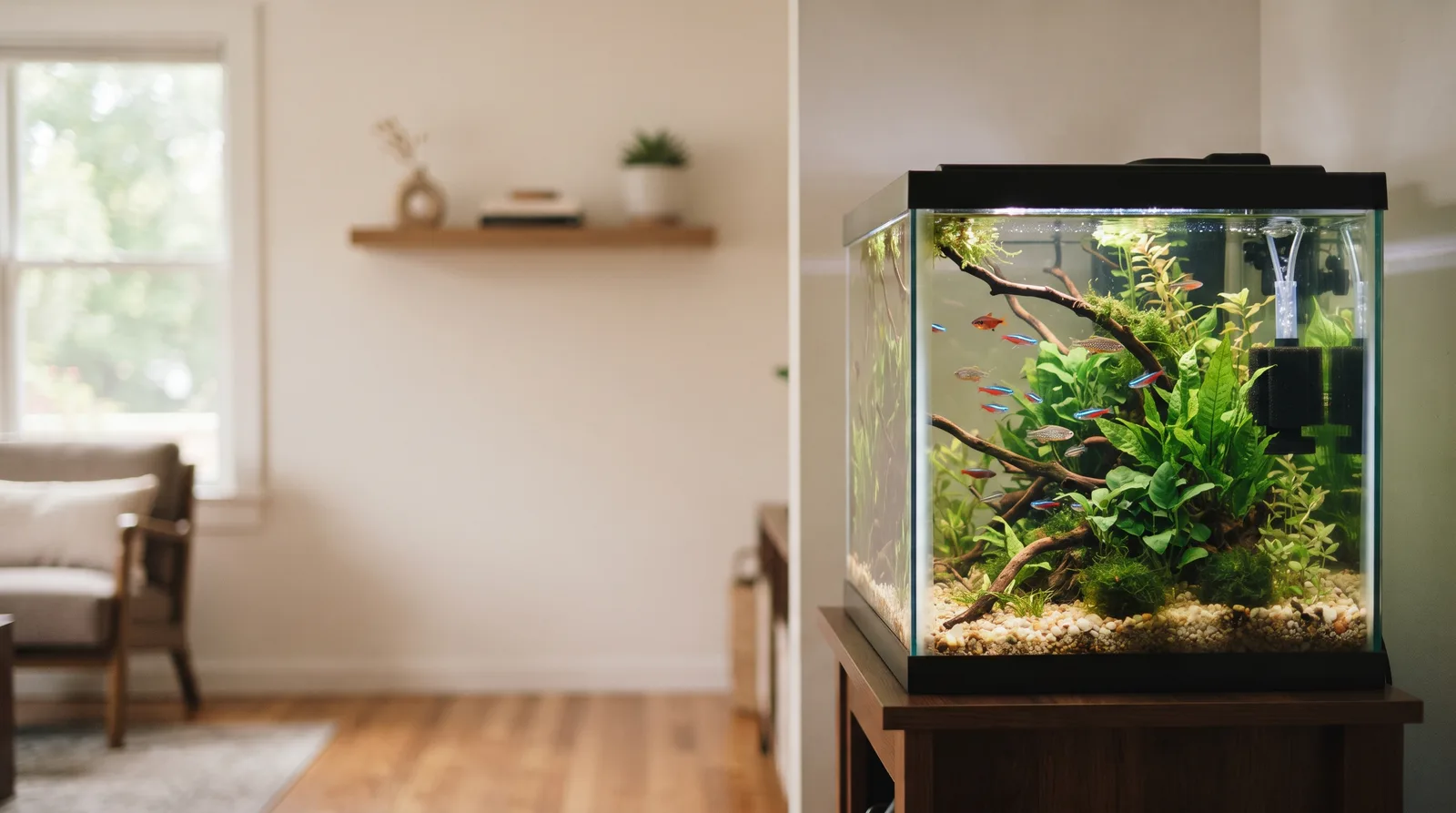 Bepflanztes Süßwasser-Aquarium mit kleinen Schwarmfischen im hellen Wohnzimmer (Symbolbild)