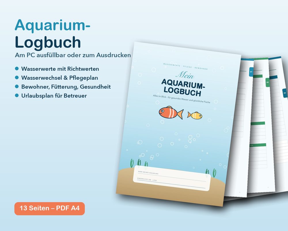 Aquarium-Logbuch als PDF-Vorlage mit Fischen auf dem Cover